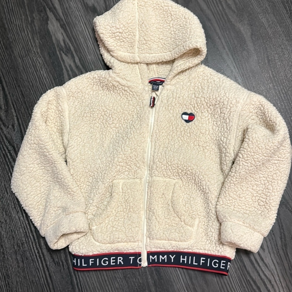 🍍 Tommy Hilfiger SHERPA Youth Girls Sherpa Zip Hoodie Jacket ~ M 8/10🍍